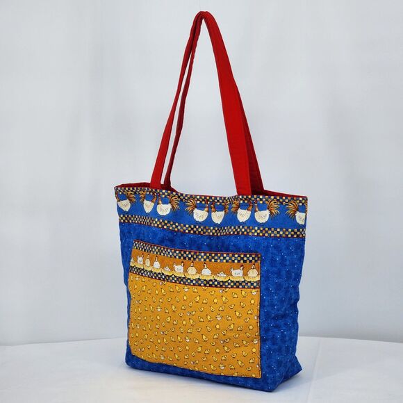 Handmade Chicken Hens Blue Red Large Tote Bag - Picture 2 of 12